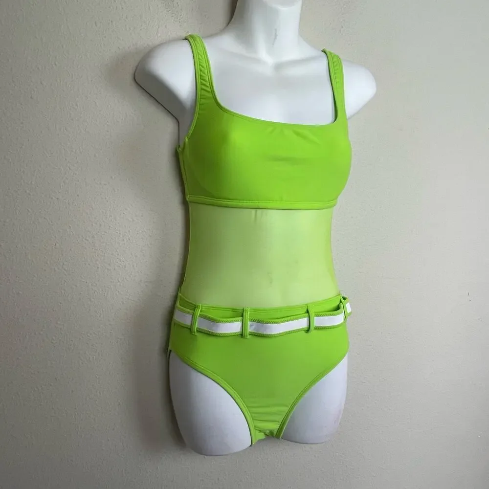 La Blanca by Rod Beattie Swimwear‎ Neon Green Mesh Middie Belt One Piece Size 8